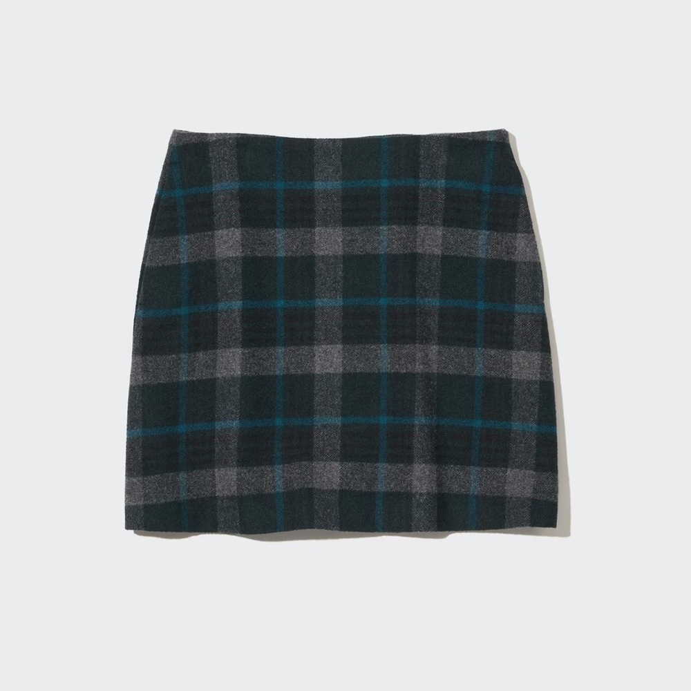 Uniqlo Plaid Wool Blend Mini Skirt in Blue Green